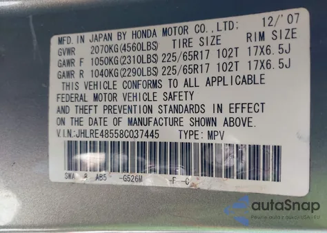 2008 Honda Cr-V Ex from USA, damaged, VIN JHLRE48558C037445